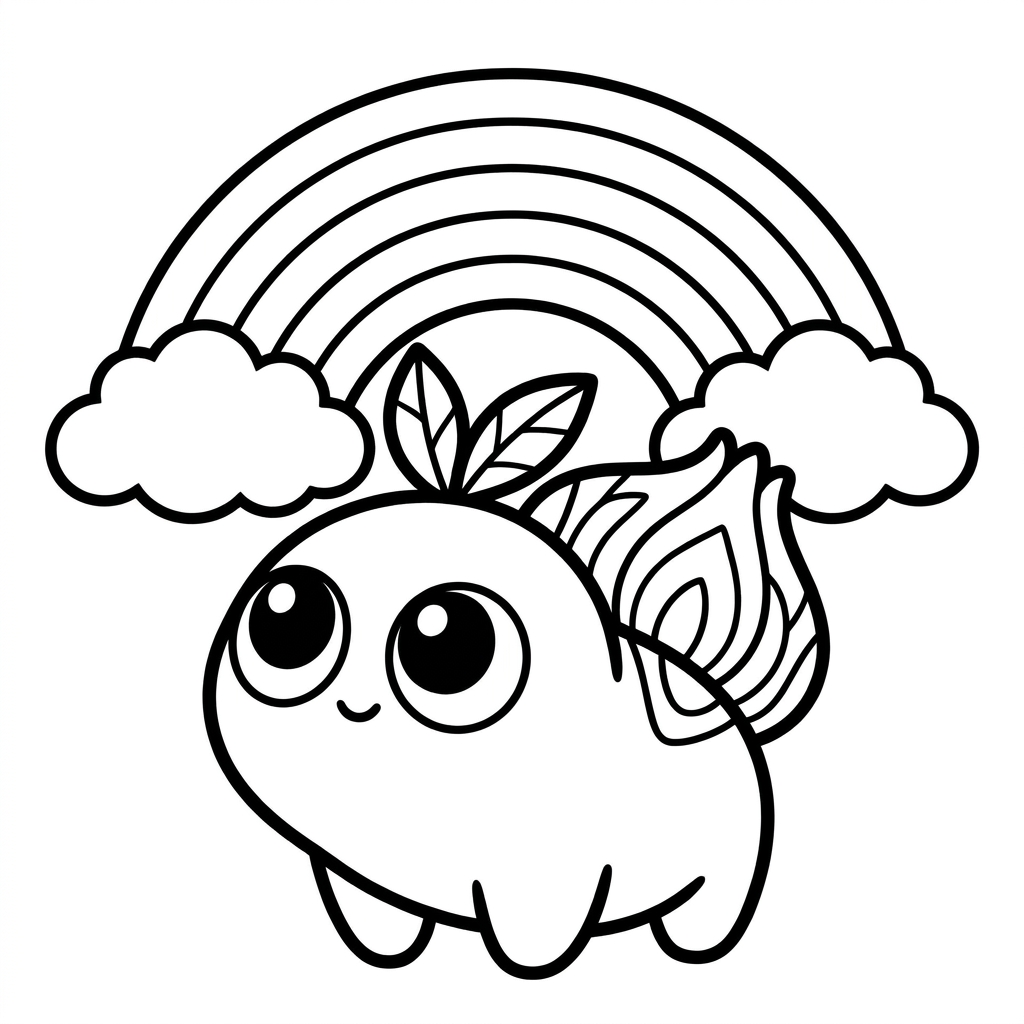 Bulbasaur coloring page looking at a big rainbow with clouds